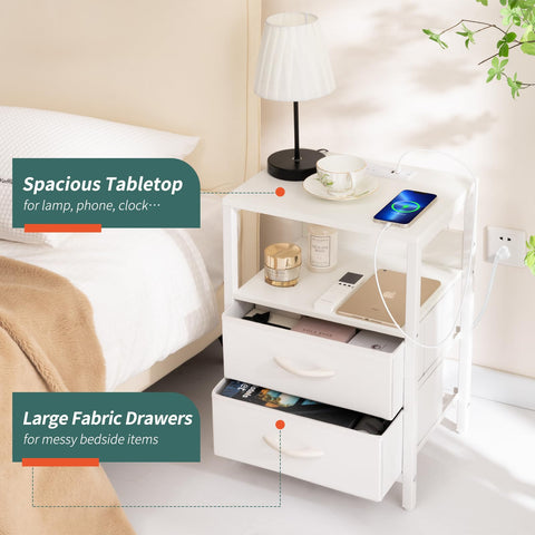 Yoobure nightstand open shelf stores lamp, books, and remotes within reach.