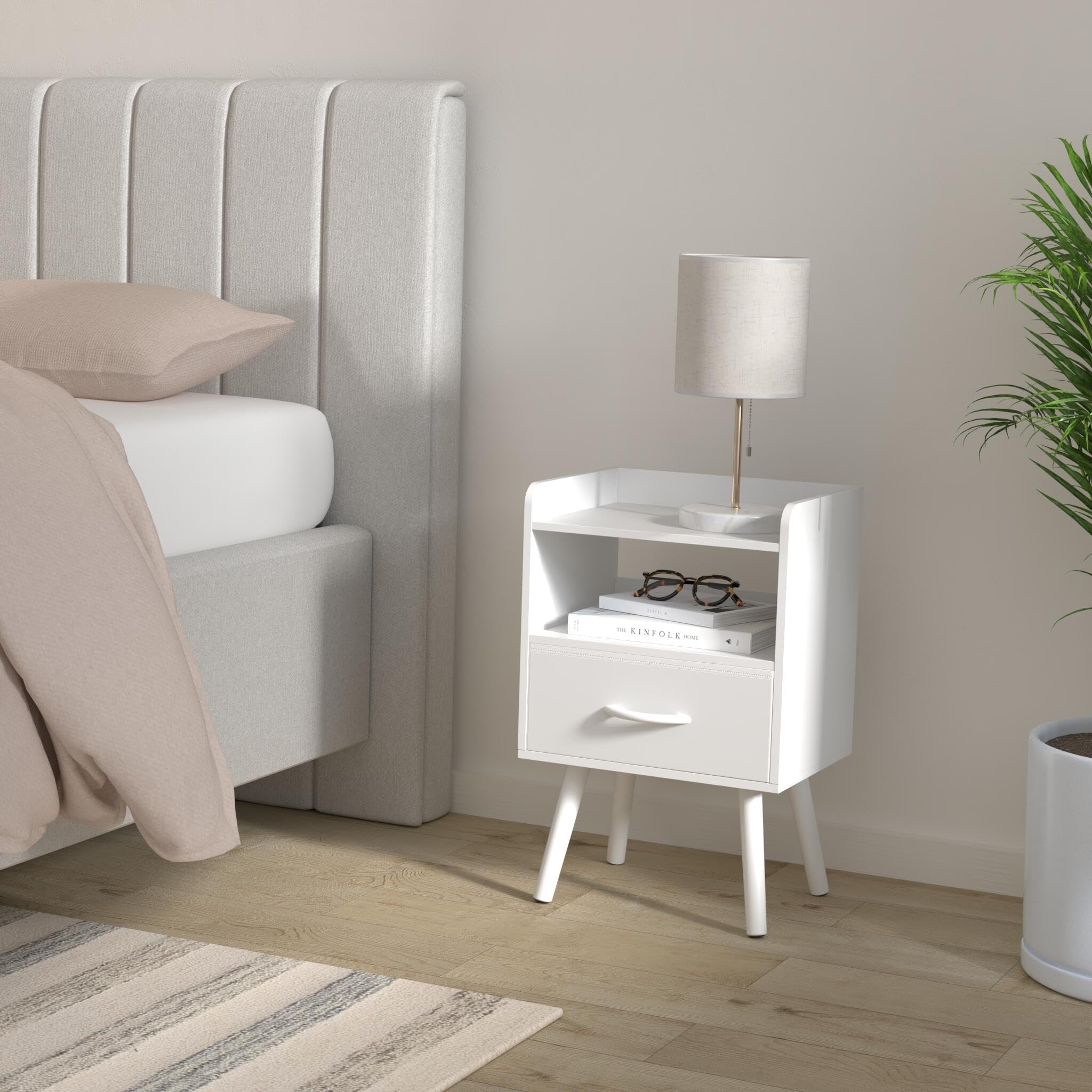 Yoobure nightstand open shelf ideal for clocks and books.