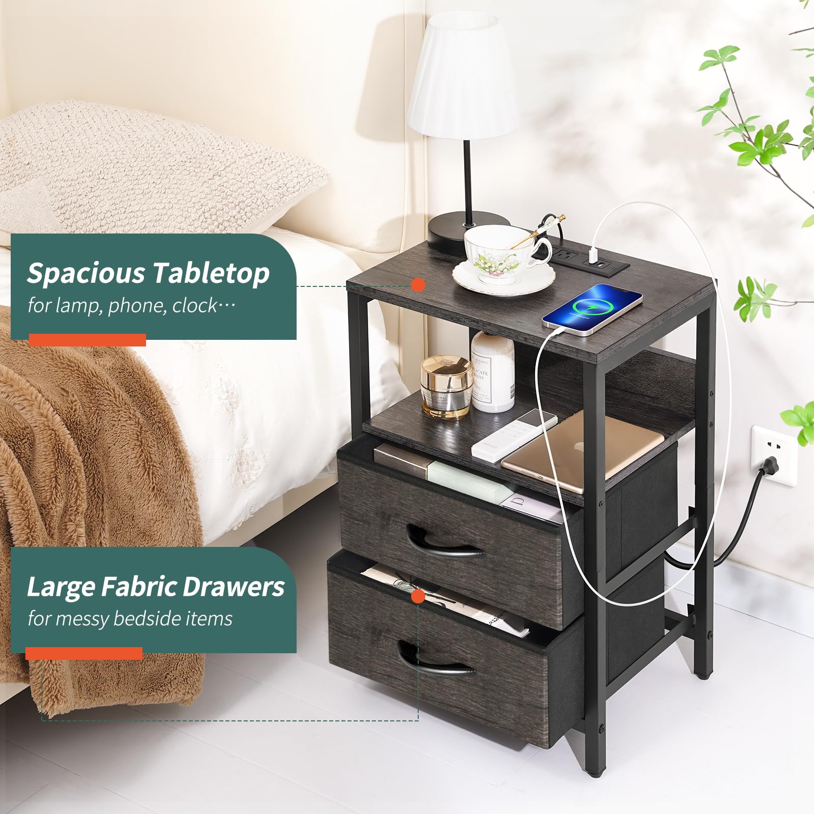 Yoobure nightstand in rustic brown finish adding warm bedroom style.