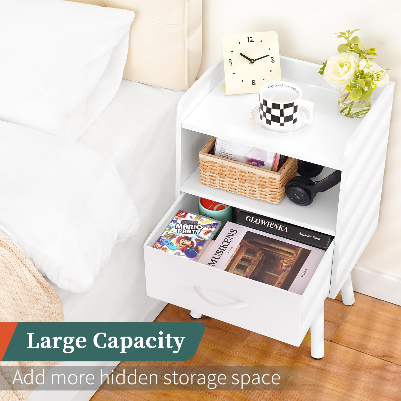 Yoobure nightstand with solid wood legs for sturdy support.