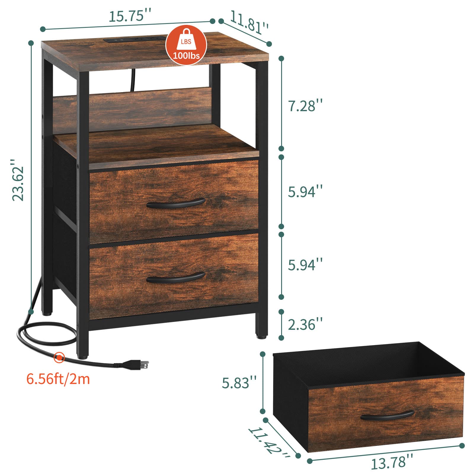 Yoobure nightstand features durable wood and steel construction supporting up to 100 lbs