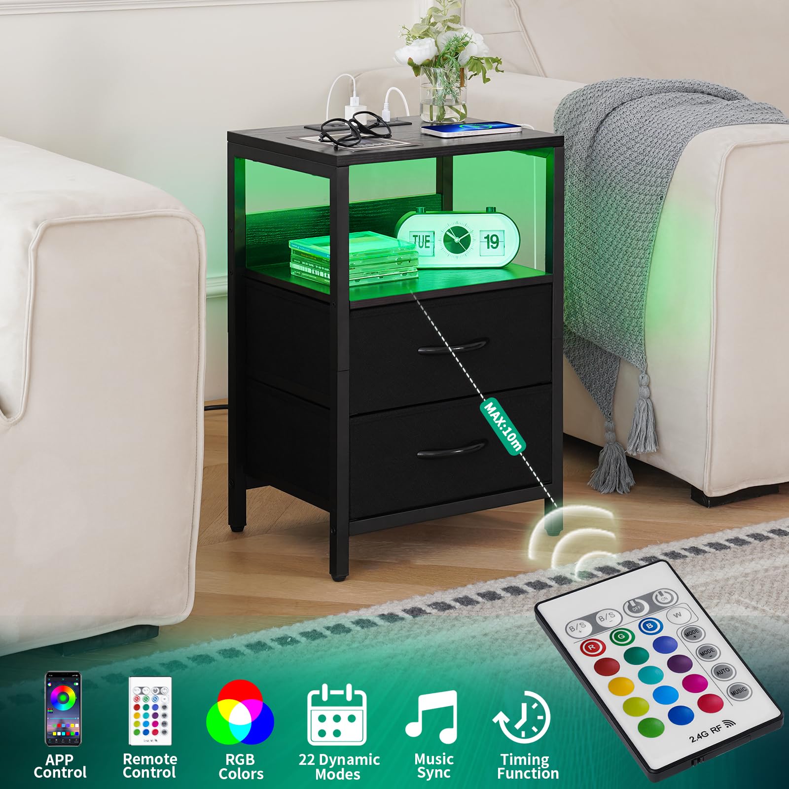 Yoobure nightstand shows two USB ports and two AC outlets for charging
