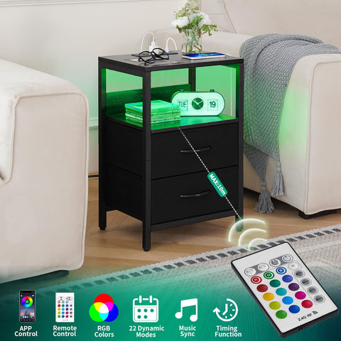Yoobure nightstand shows two USB ports and two AC outlets for charging