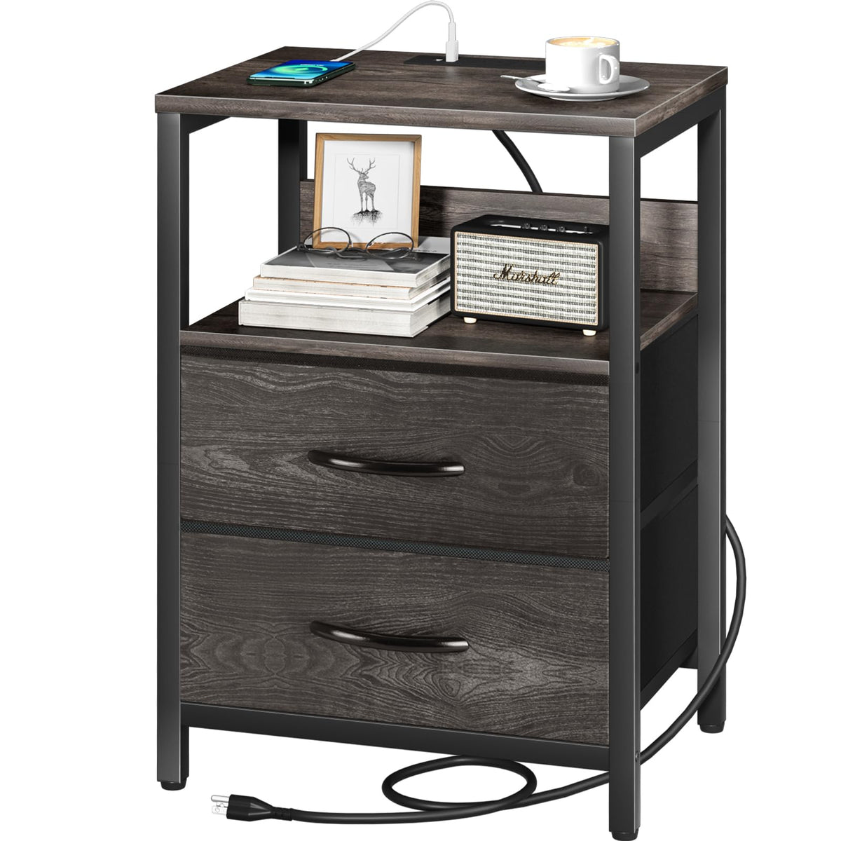 Yoobure nightstand with charging station showing bedside power and compact design.