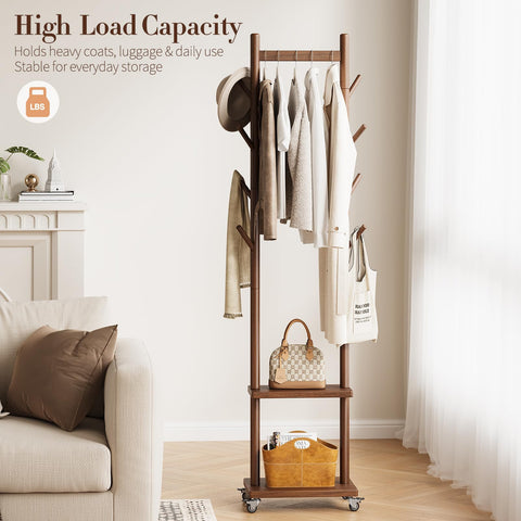 Yoobure solid wood coat rack with reinforced base for stable storage.
