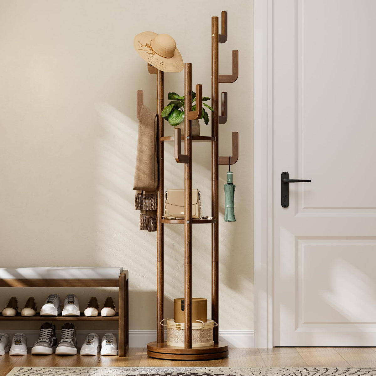 Yoobure rotary coat rack front view shows easy organization with nine hooks