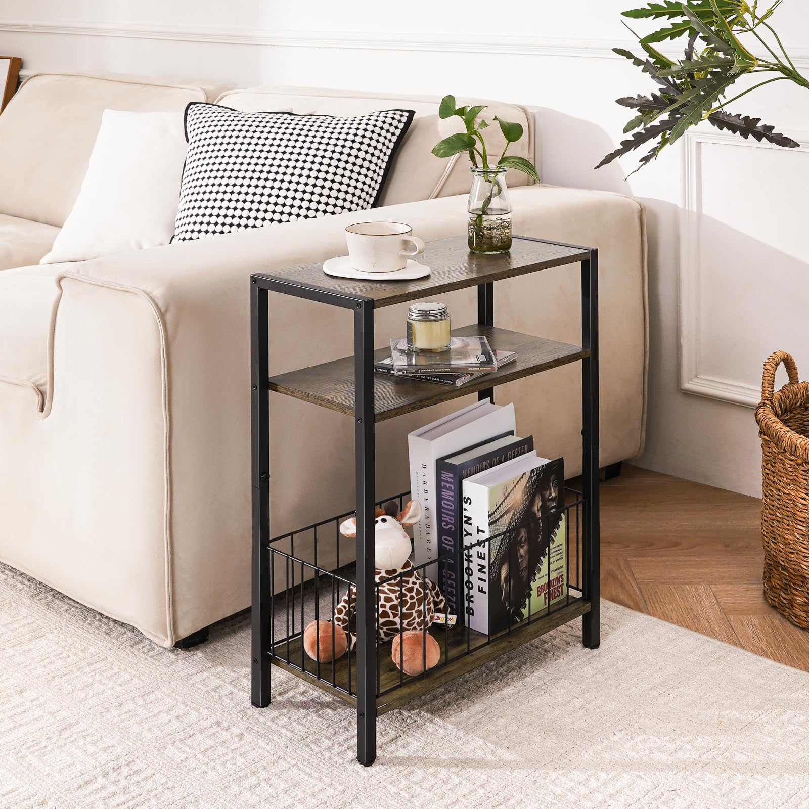 Yoobure side table with two shelves and a storage basket keeps magazines tidy