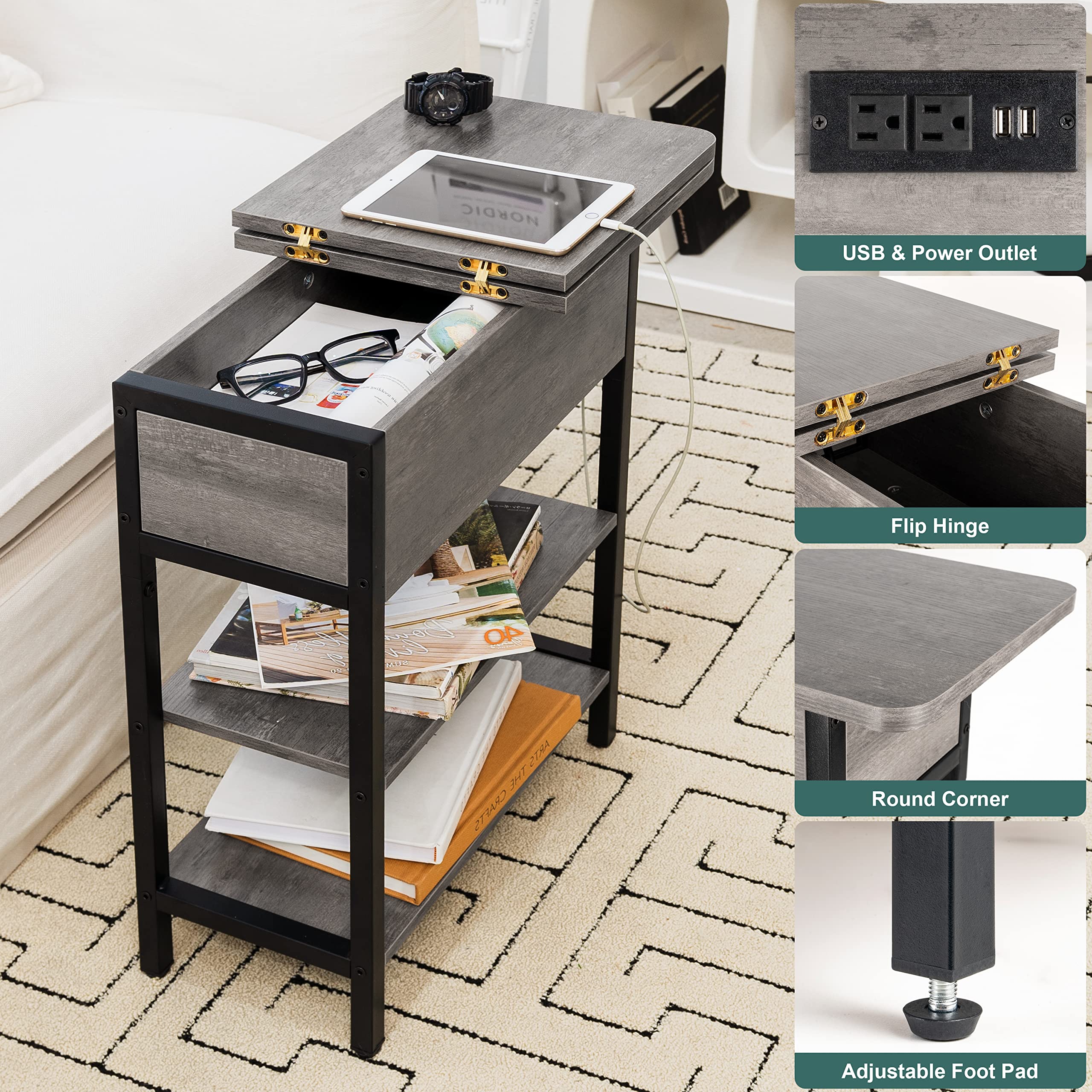 Yoobure side table flip-top drawer open displaying hidden storage.