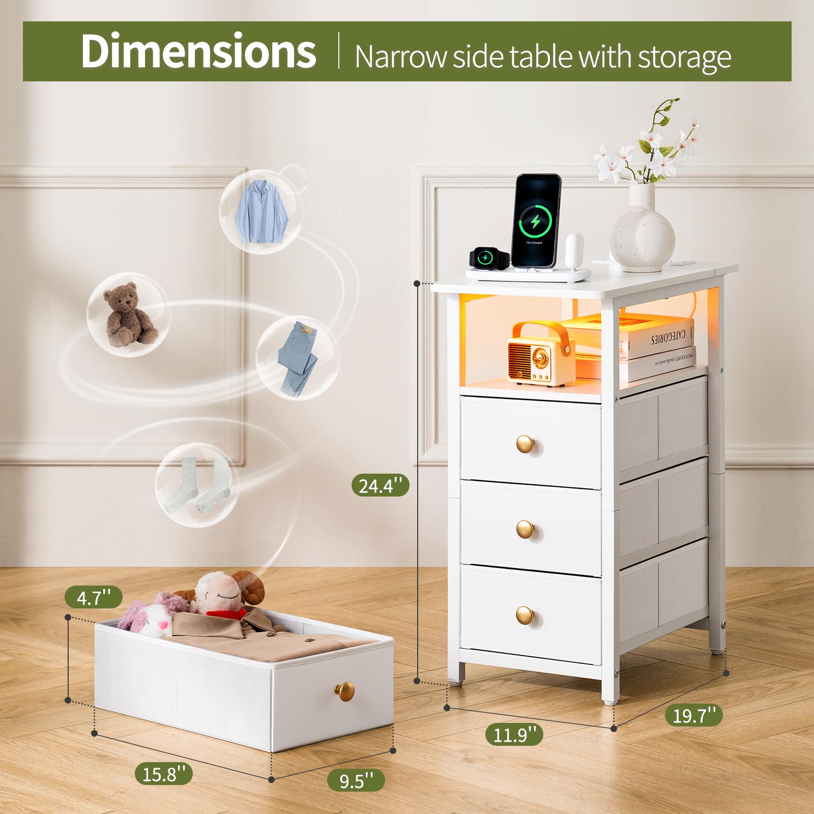 Yoobure side table narrow silhouette fits small spaces while keeping essentials handy.