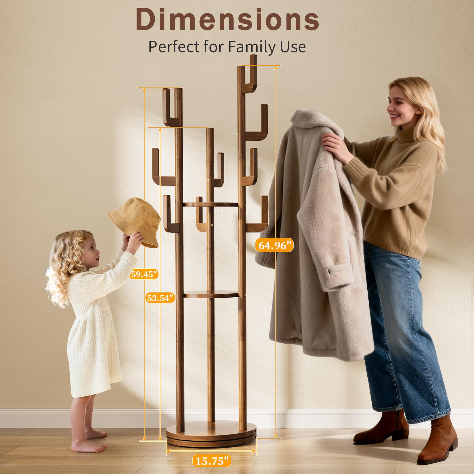 Yoobure solid rubberwood coat tree highlights natural grain and durable daily use