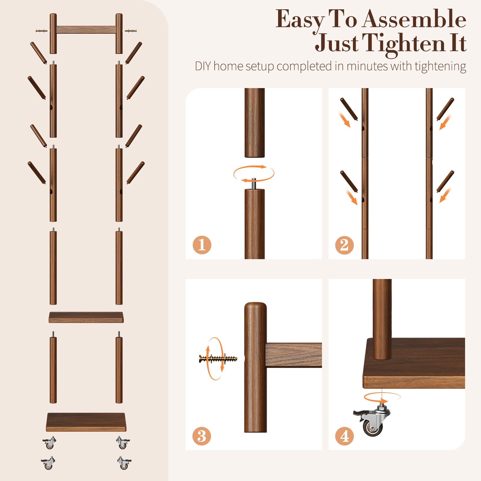 Yoobure solid wood rack's reinforced base supports heavy garments.