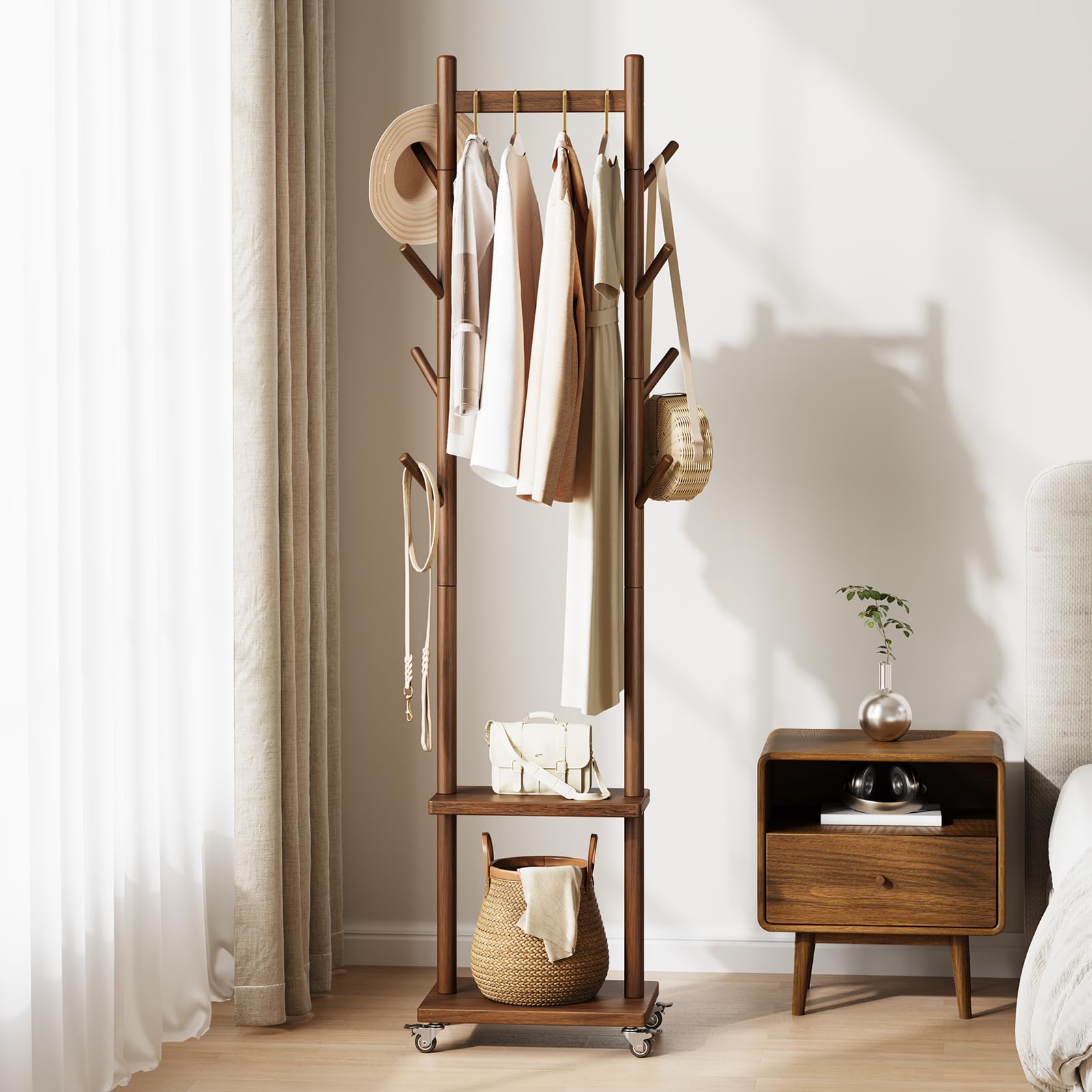 Yoobure solid wood coat rack rolling stand with smooth wheels for easy rearrangement.