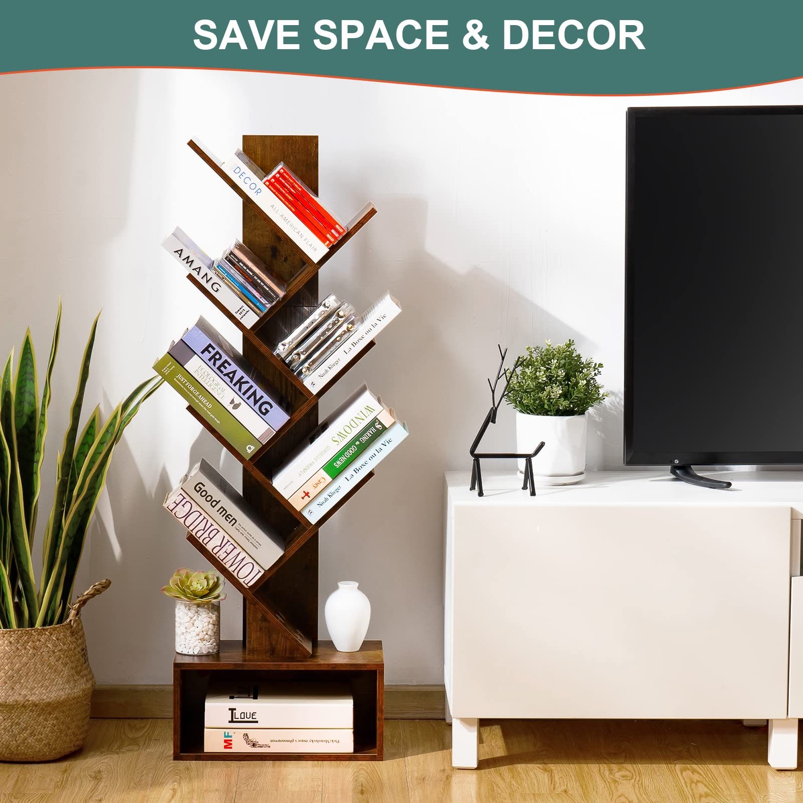 Yoobure Tree Bookshelf side profile highlighting slim footprint for corners.