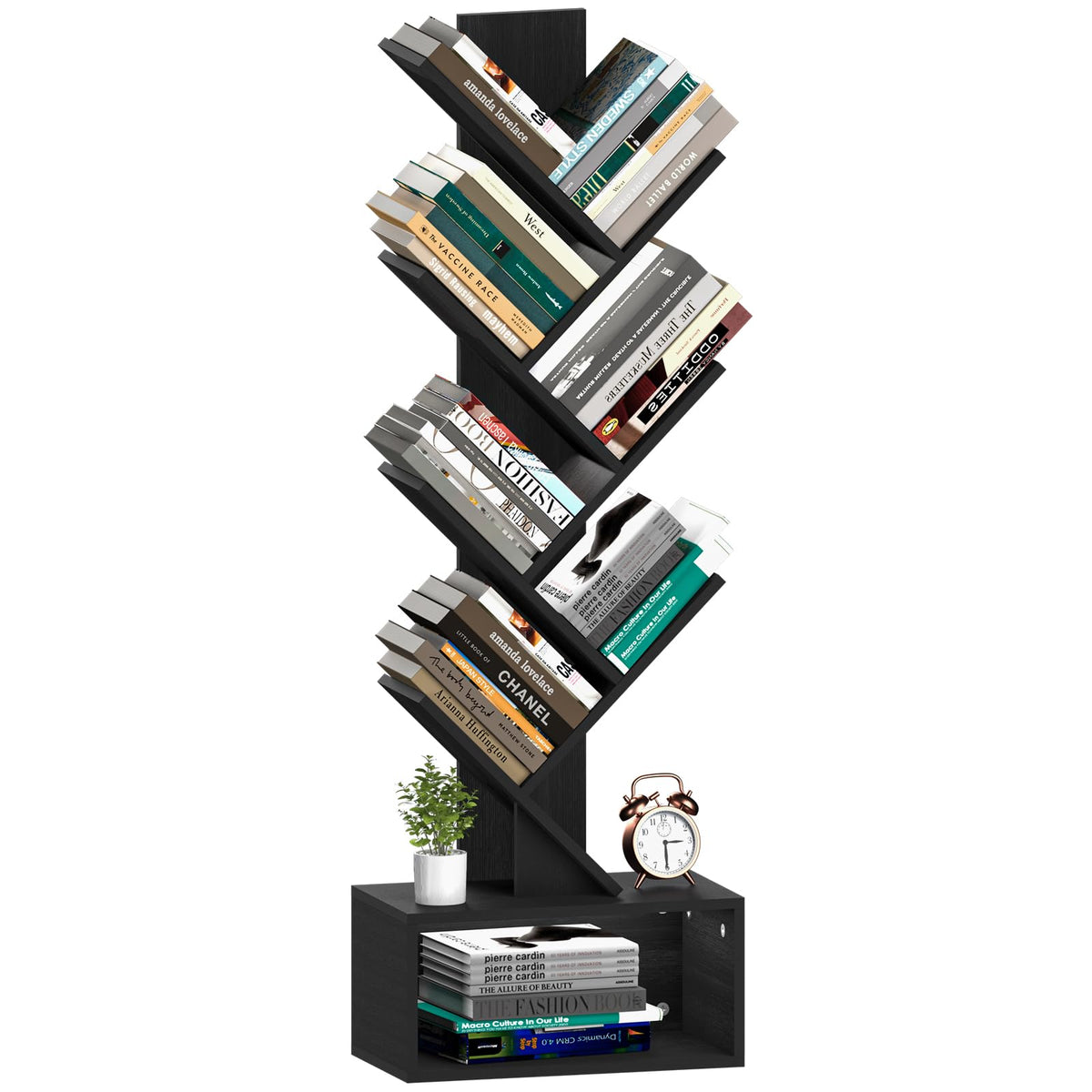 Yoobure Tree Bookshelf 6-tier corner unit with a black finish showing compact storage design.