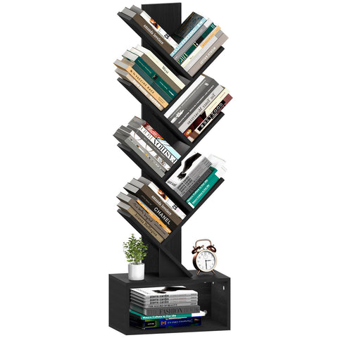 Yoobure Tree Bookshelf 6-tier corner unit with a black finish showing compact storage design.