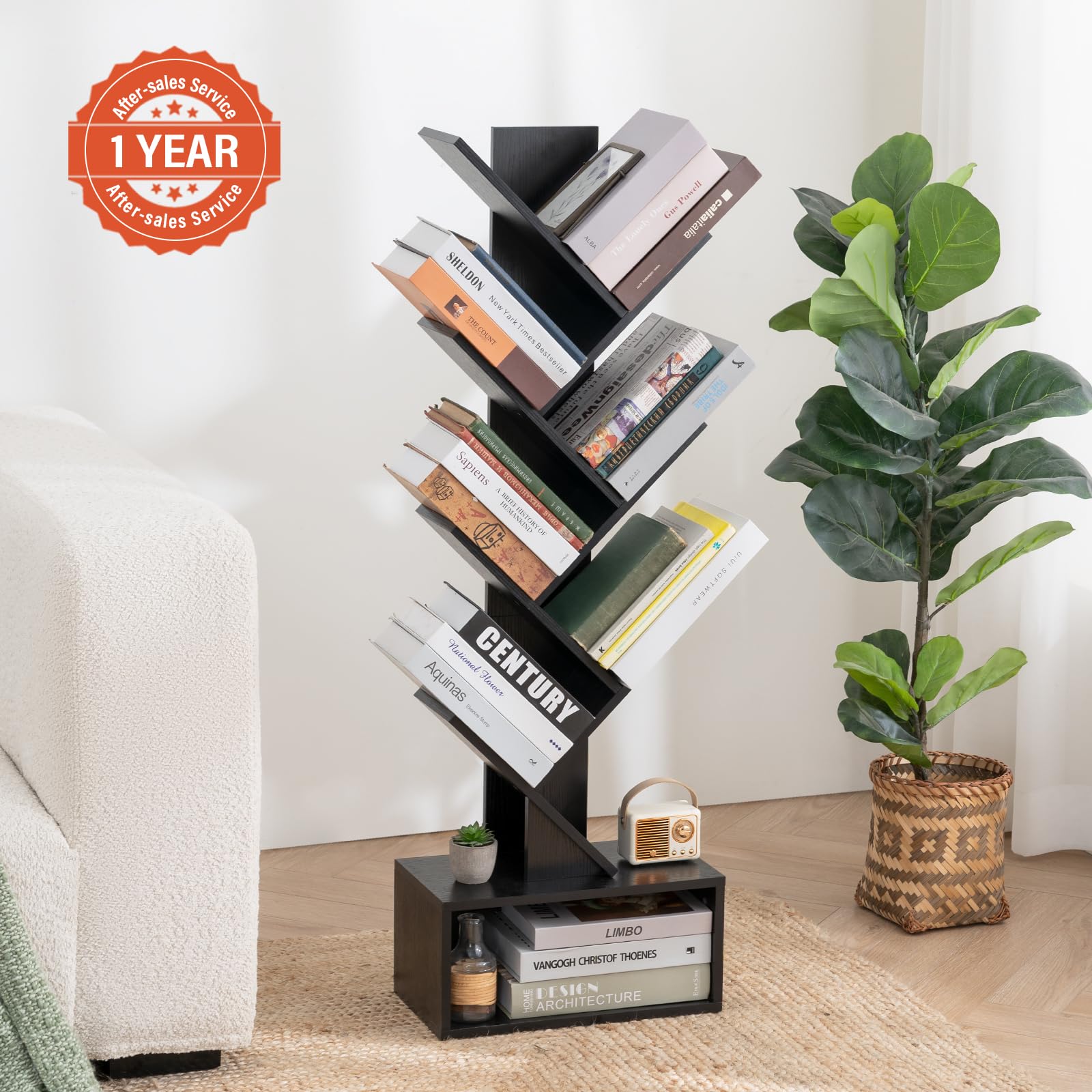 Yoobure Tree Bookshelf anti-tip straps securing the unit for safety.