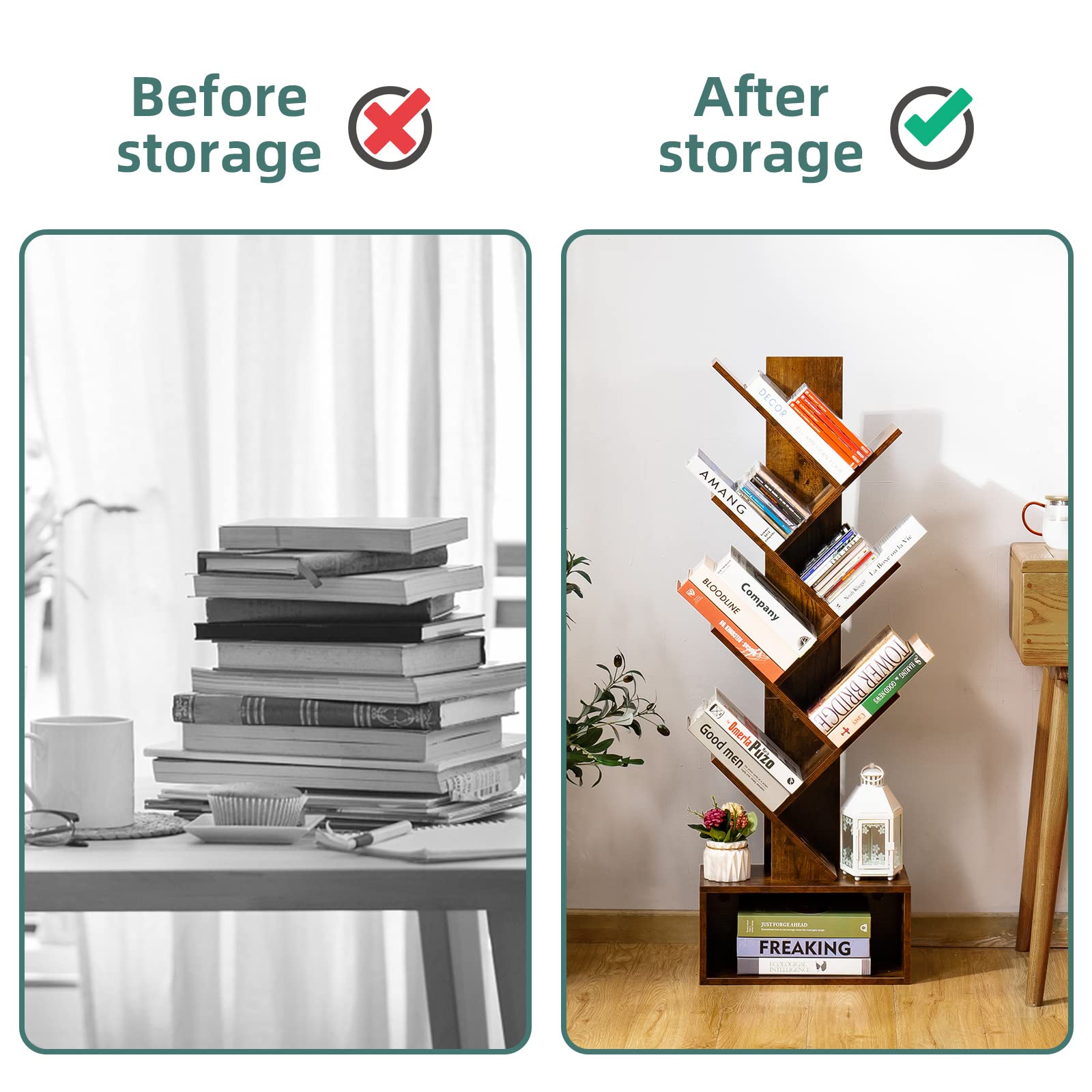 Yoobure Tree Bookshelf assembly illustration with easy-to-follow steps.