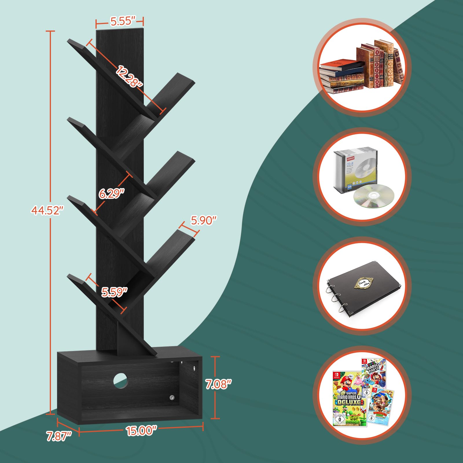 Yoobure Tree Bookshelf open storage areas filled with books and décor items.