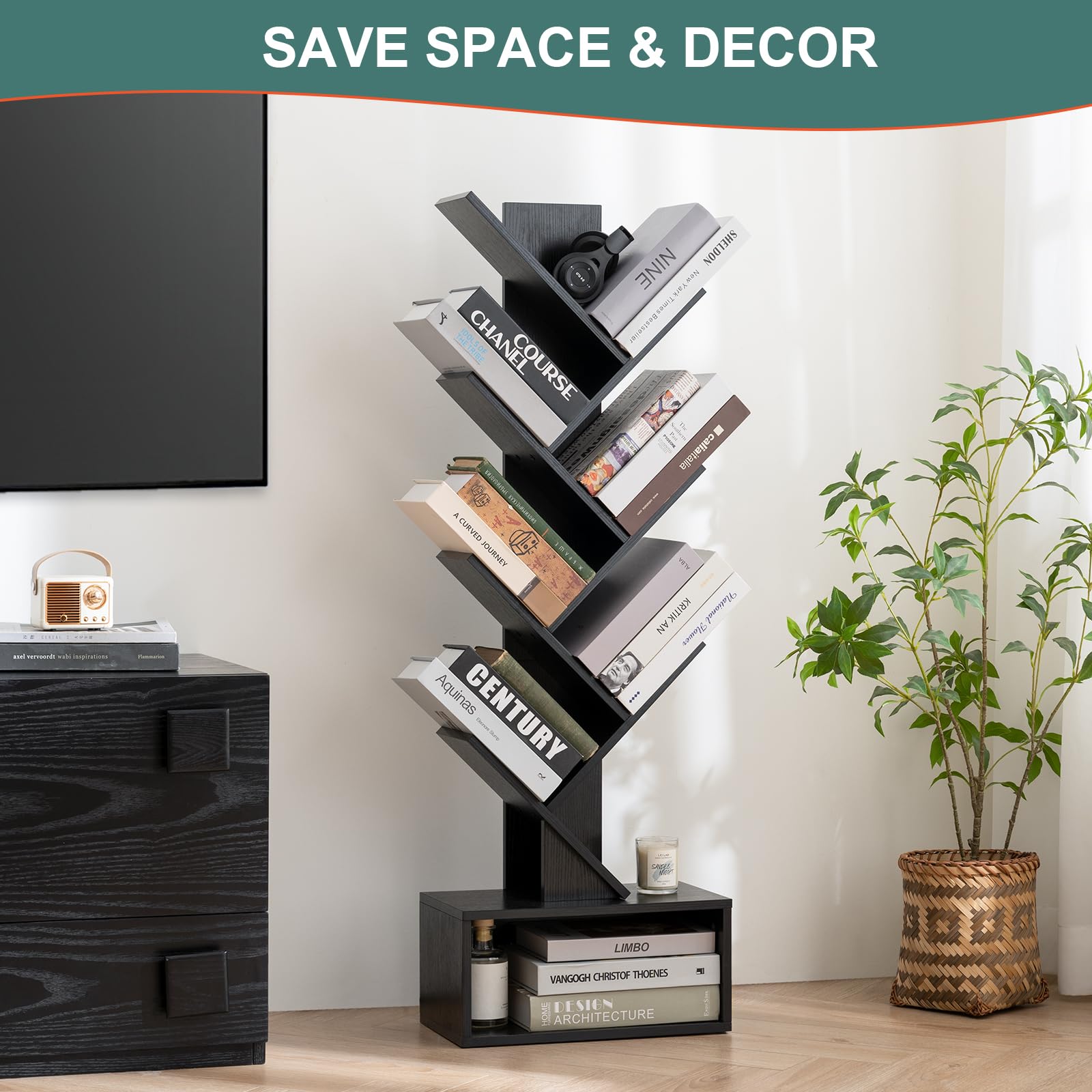 Yoobure Tree Bookshelf side view highlighting slim, space-saving profile for corners.