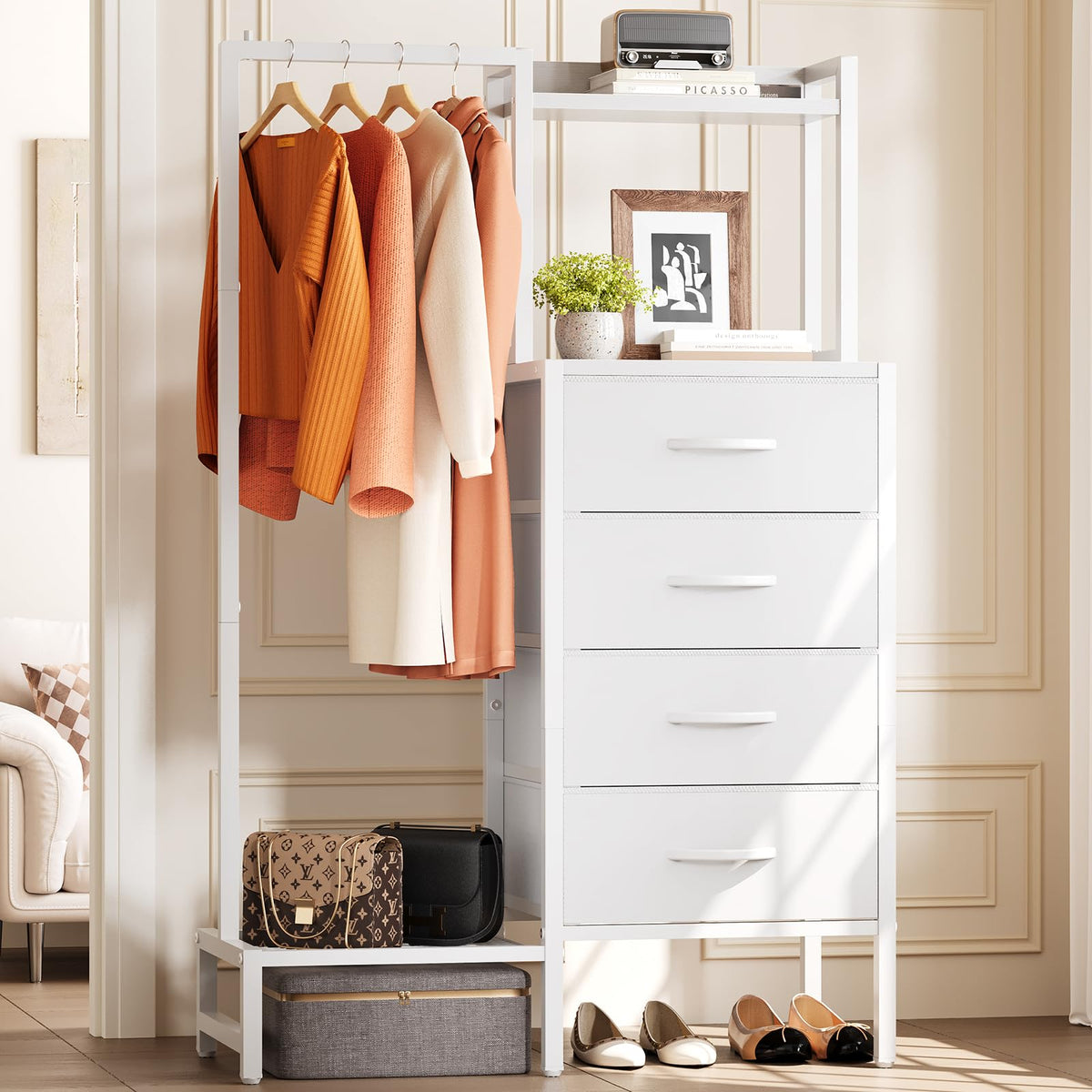 Yoobure white dresser with hanging rack front view showing compact, organized daily wardrobe