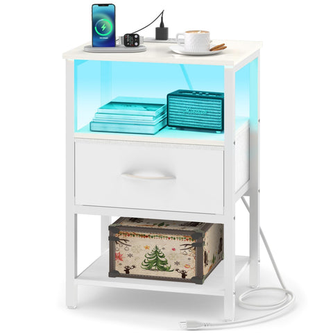 Yoobure white night stand with LED lighting creates ambient glow for bedrooms.