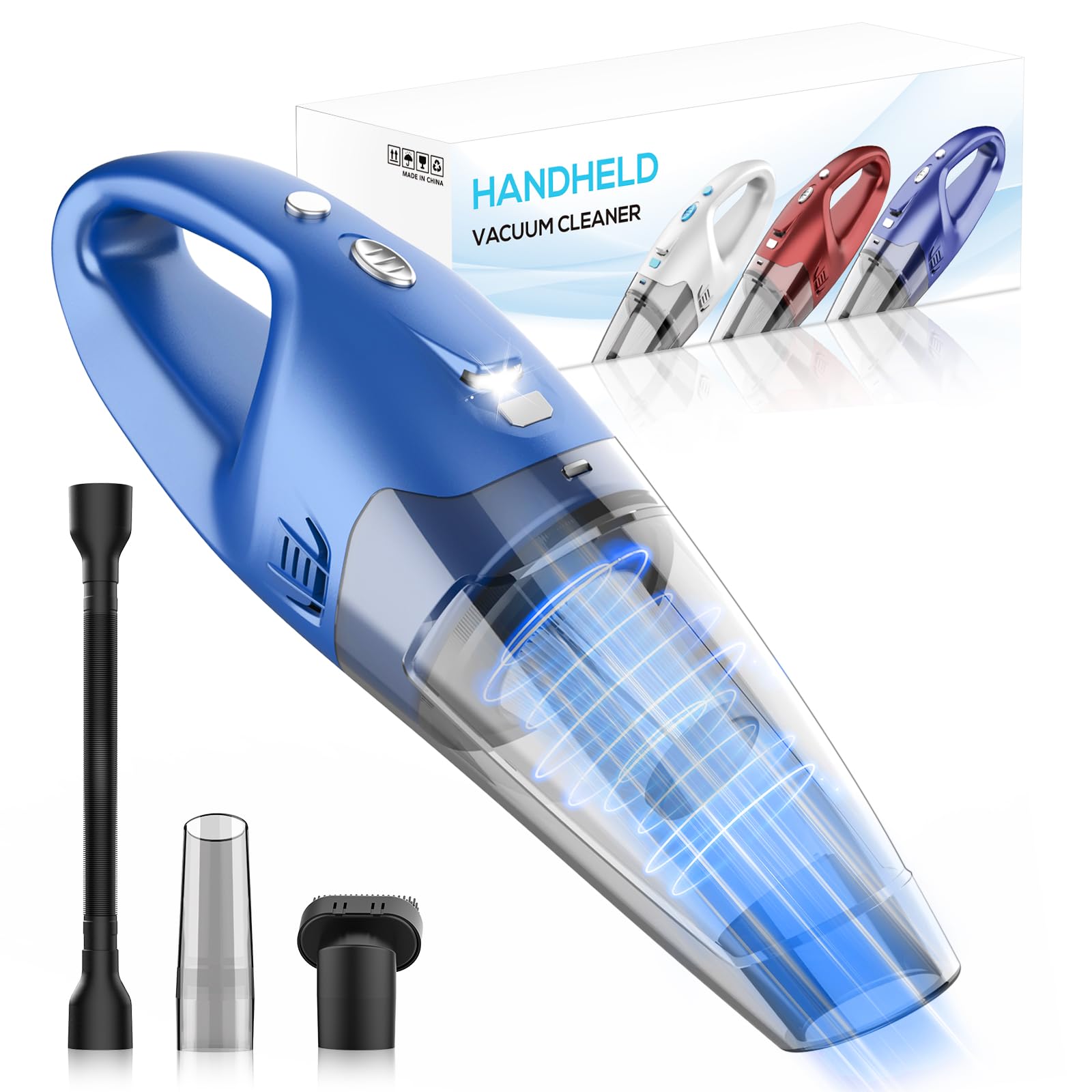 YOOHI handheld vacuum with LED light illuminates dark car seats for thorough cleaning.
