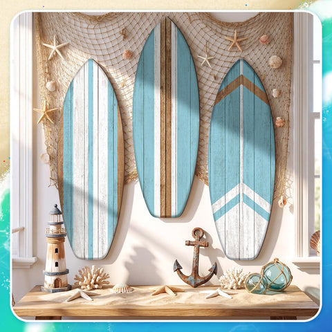 Yookeer blue stripes surfboard wall art adds tropical charm to spaces.