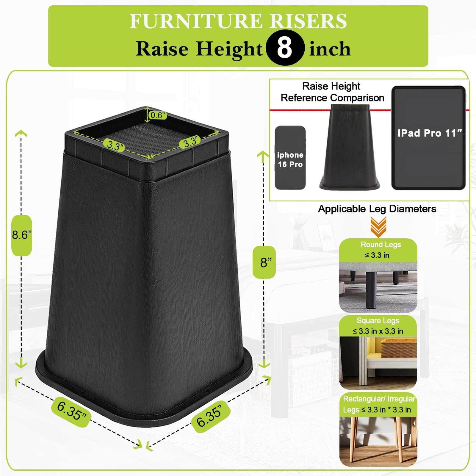Yookwutar bed risers with diamond foam pad for stable anti-slip grip