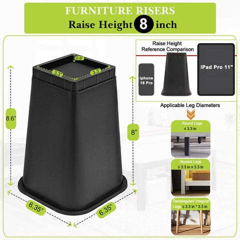 Yookwutar bed risers with diamond foam pad for stable anti-slip grip