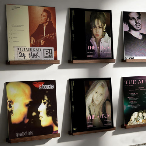 Yoolume floating record shelf creates a minimalist wall feature.
