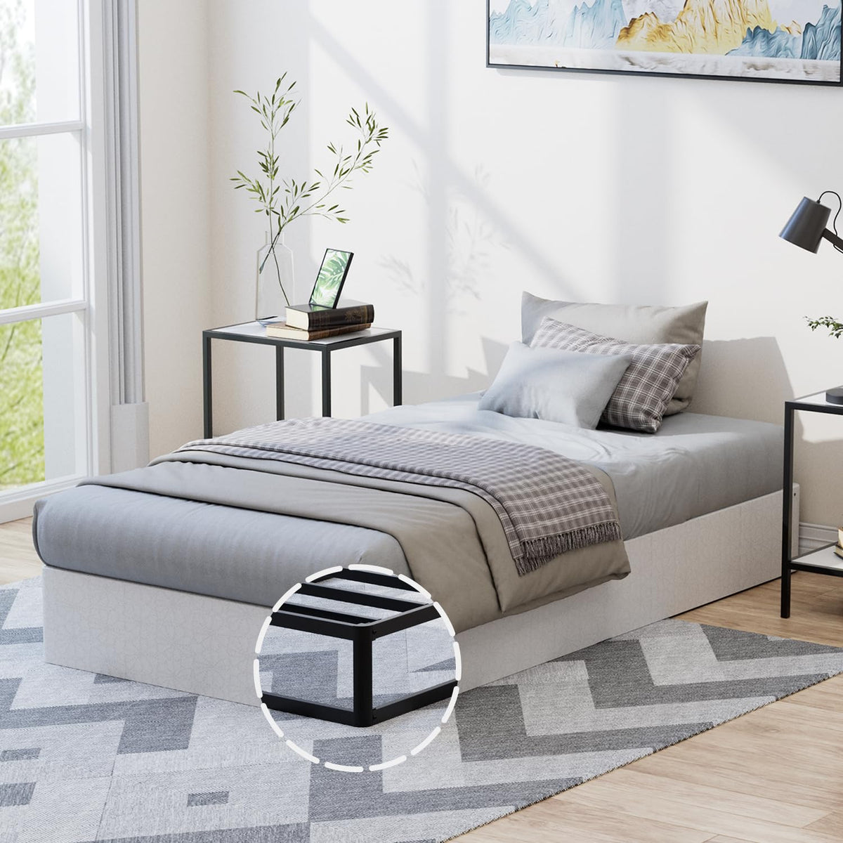 YORMDMO 9-inch box spring with fabric cover provides durable twin-bed support.