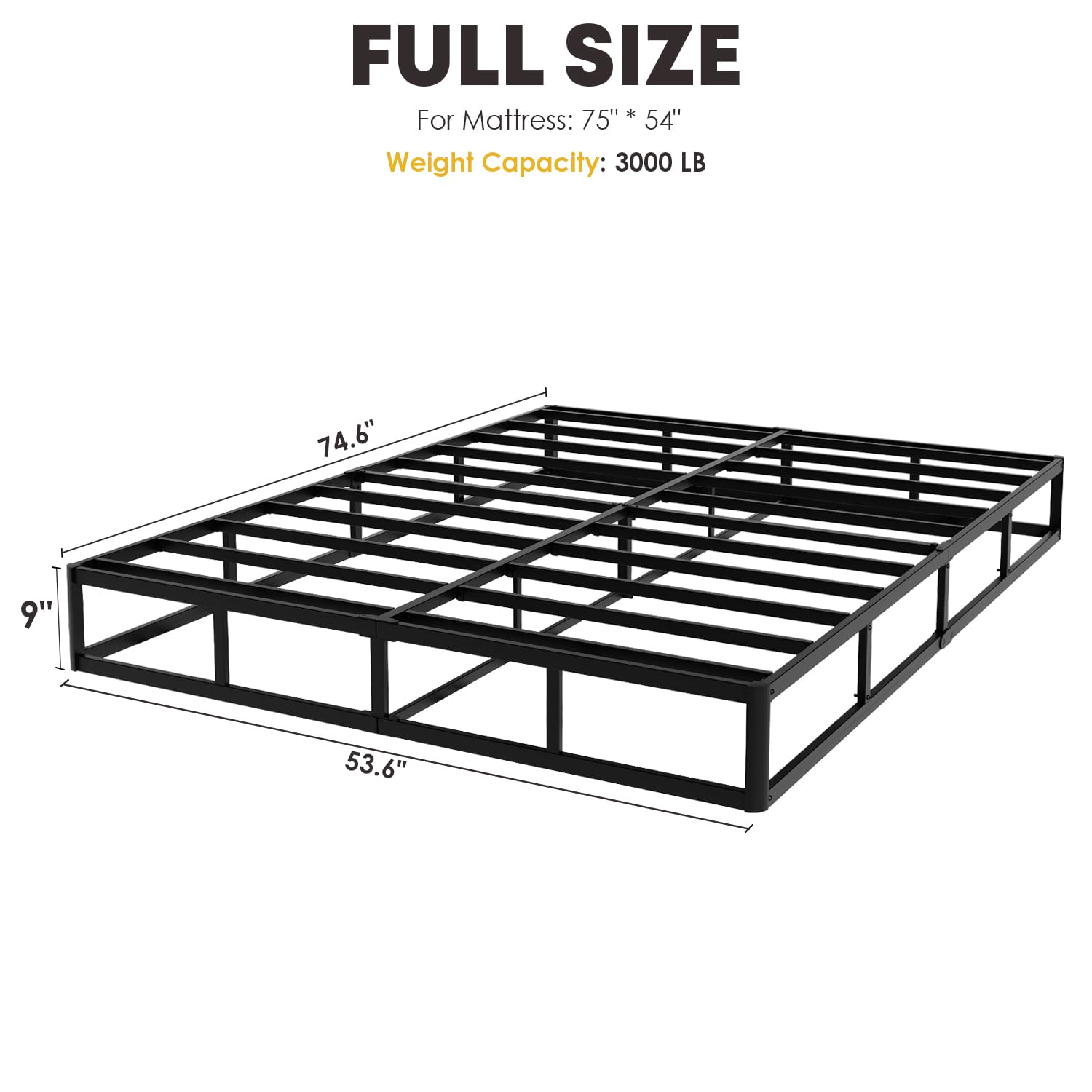 YORMDMO heavy-duty metal foundation side view showcasing durable frame for long-lasting sleep.