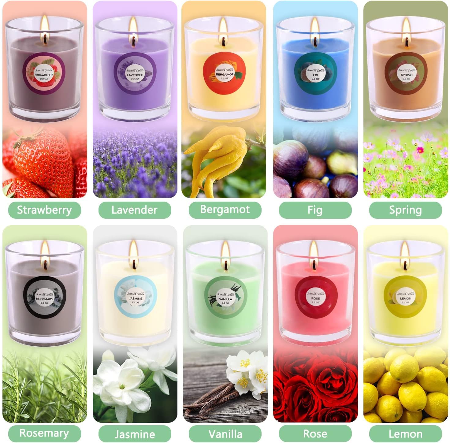 YOROXRG collection front view of candles in glass jars for display appeal.