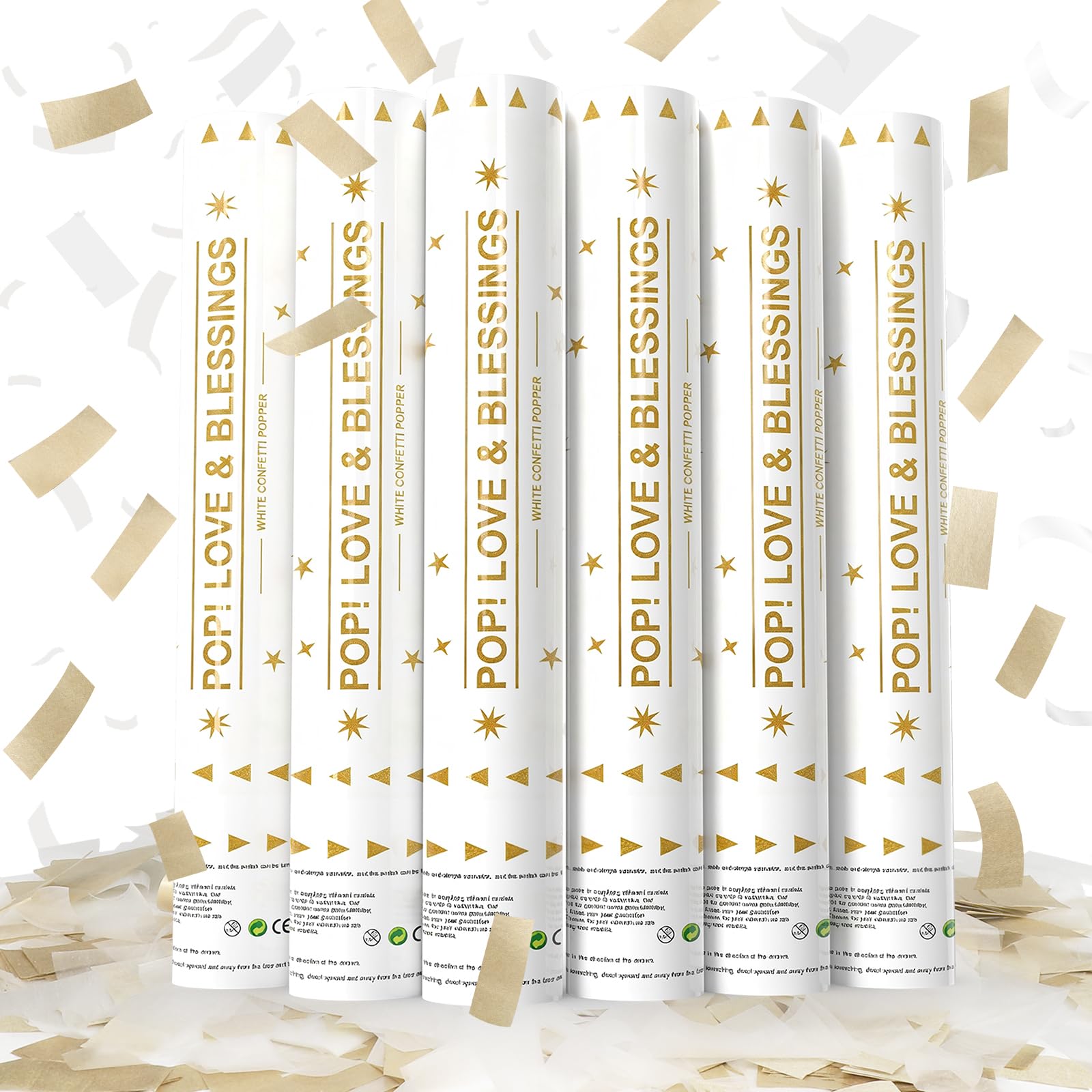 Yorr white and gold confetti poppers six-pack, top view for elegant wedding celebrations.