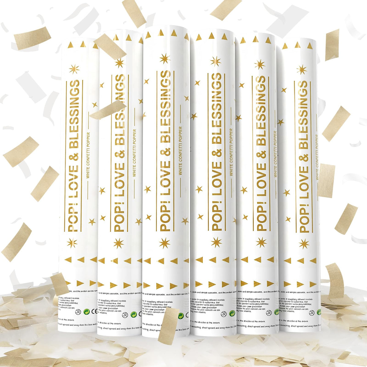 Yorr white and gold confetti poppers six-pack, top view for elegant wedding celebrations.
