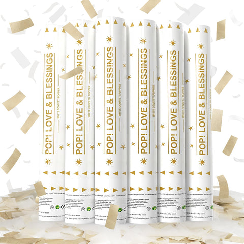 Yorr white and gold confetti poppers six-pack, top view for elegant wedding celebrations.