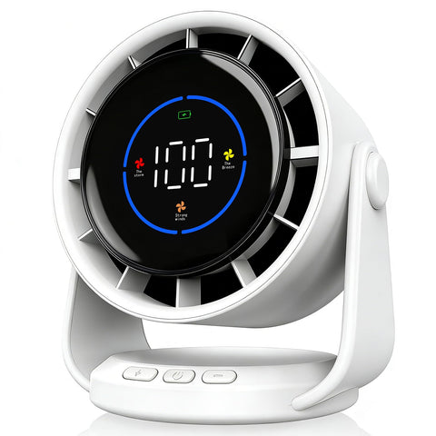YOSHENMO desk fan front view highlights compact design and personal cooling potential.