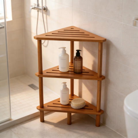 Non-slip feet stabilize the bamboo stand on a slippery tile