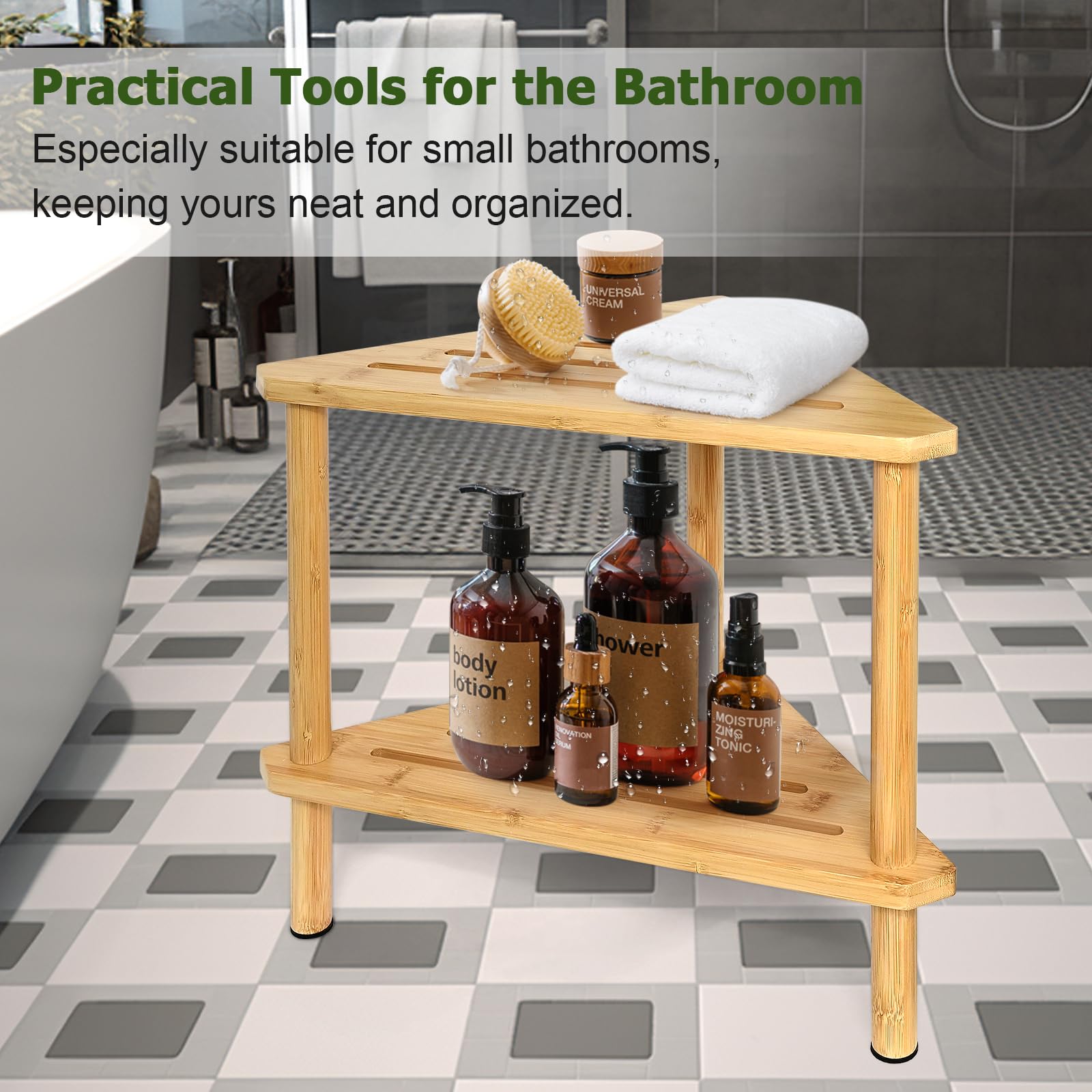 Yoshiky storage shelves hold toiletries within reach.