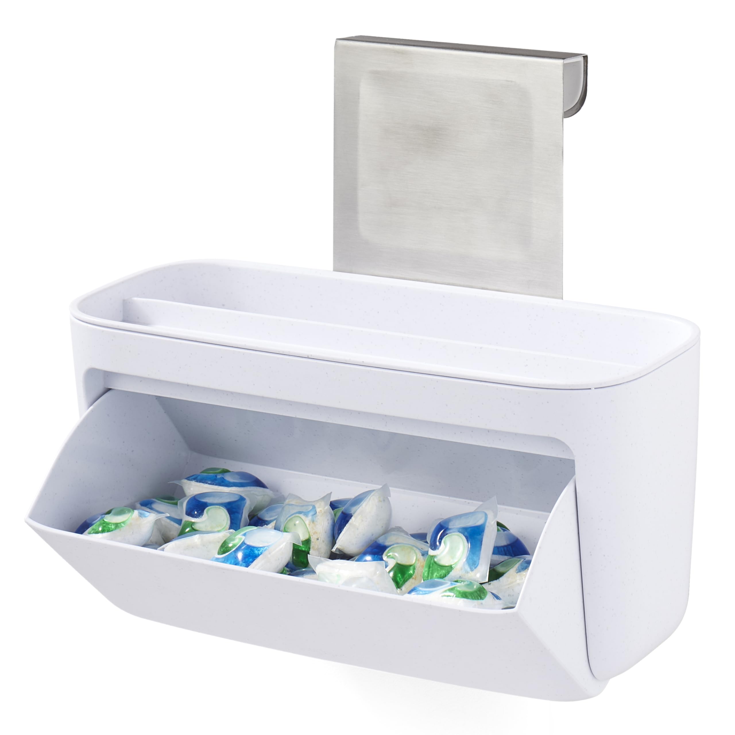 YouCopia DoorStash hanging pod holder keeps dishwasher pods within reach for quick loading