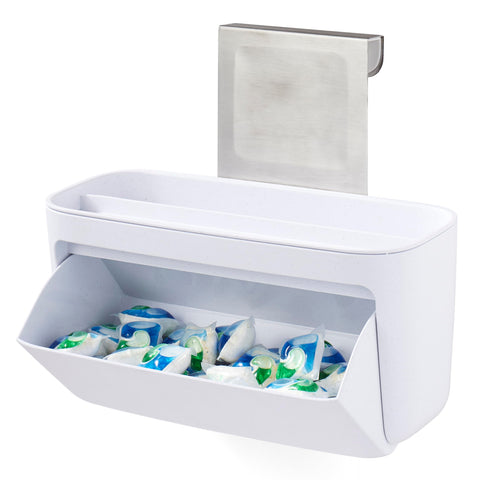 YouCopia DoorStash hanging pod holder keeps dishwasher pods within reach for quick loading