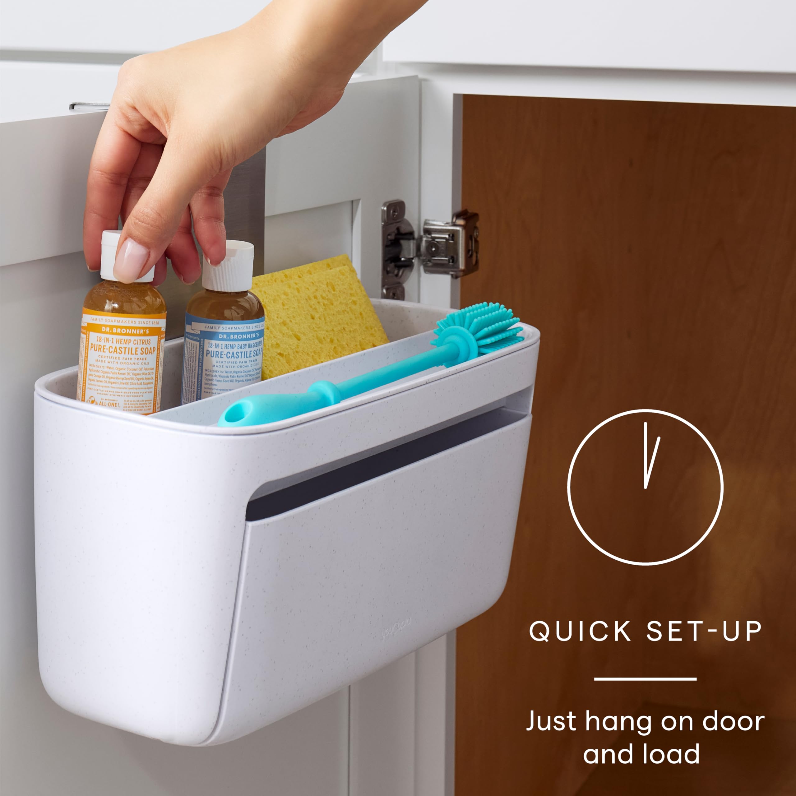 Removable top tray on DoorStash stores sponges and brushes neatly