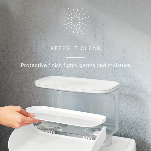 YouCopia Hideaway Toilet Cabinet with door open for easy access to hidden storage.