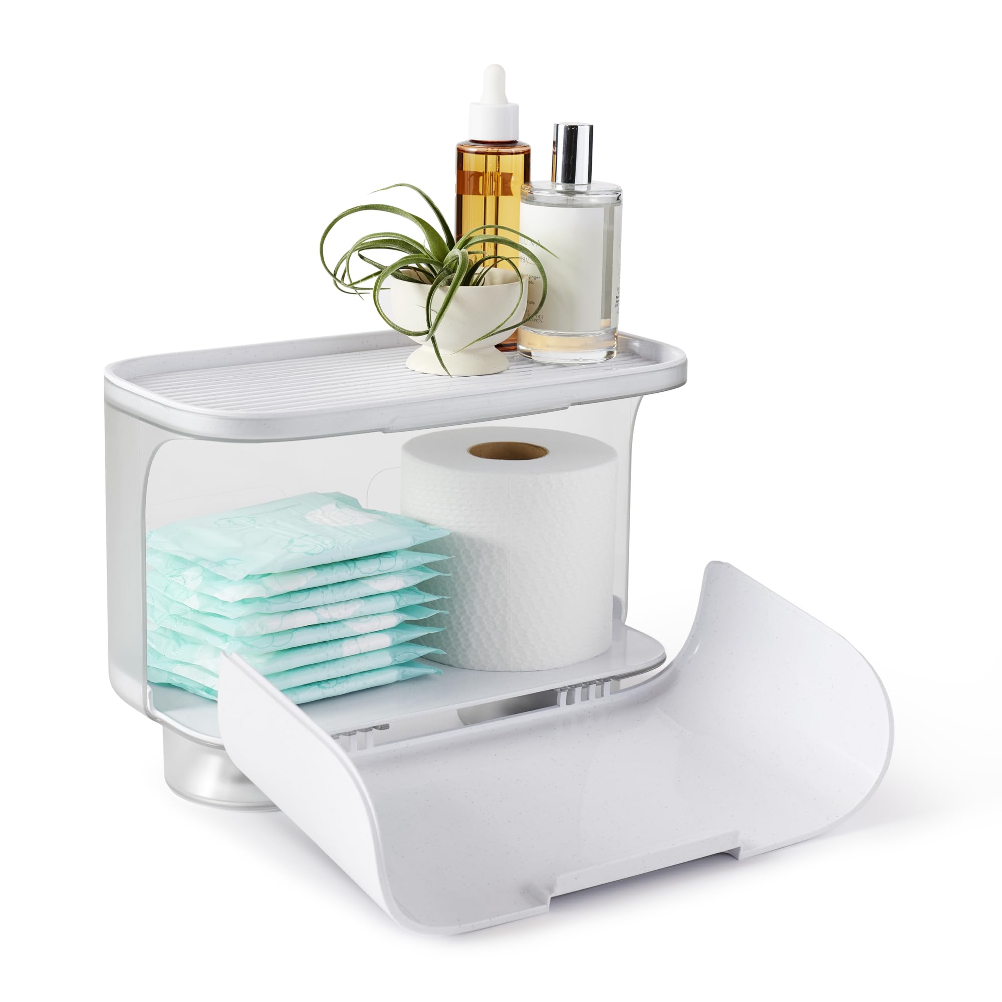 YouCopia Hideaway Toilet Cabinet front view showing secure tank grip for clutter-free bathroom storage.