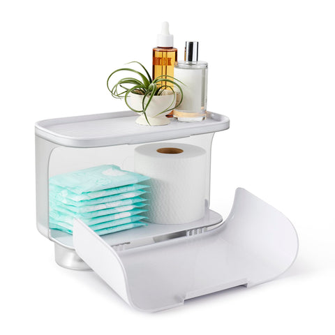 YouCopia Hideaway Toilet Cabinet front view showing secure tank grip for clutter-free bathroom storage.