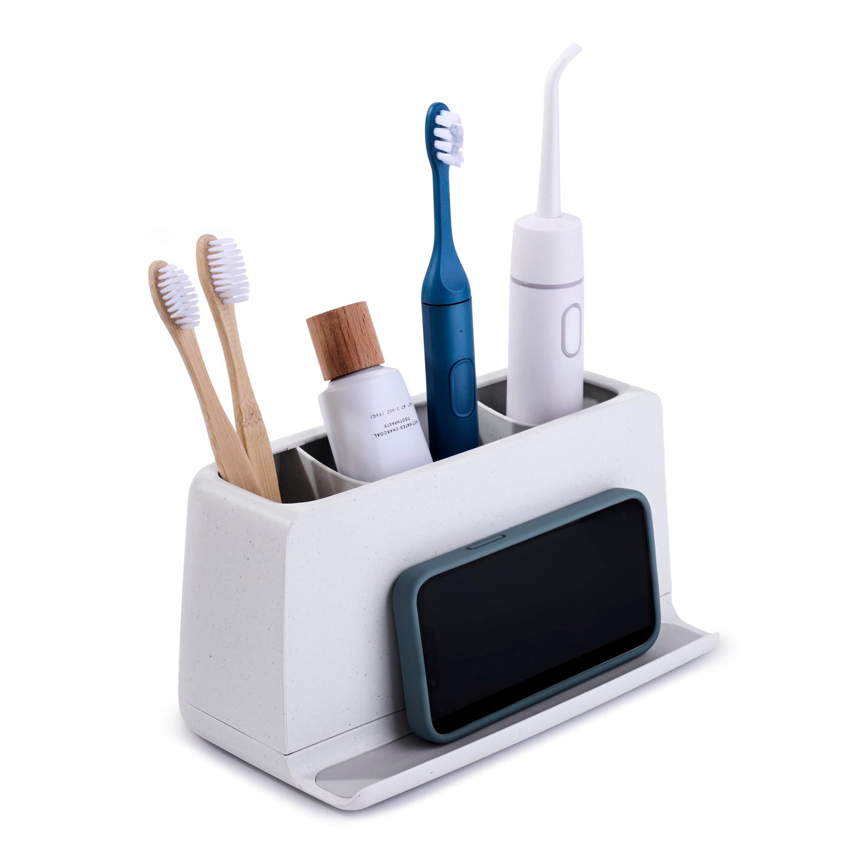 YouCopia Ledge 3-slot front view keeps brushes upright and countertop uncluttered