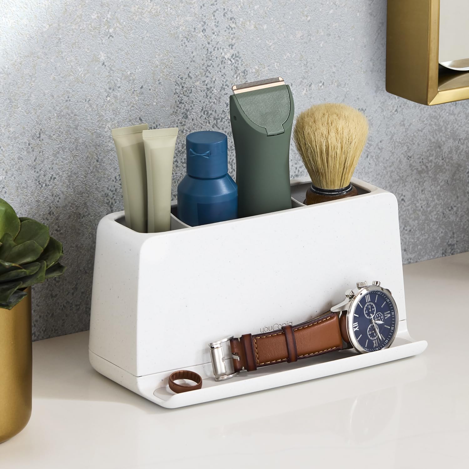 YouCopia Ledge blends with bathroom decor while keeping items organized