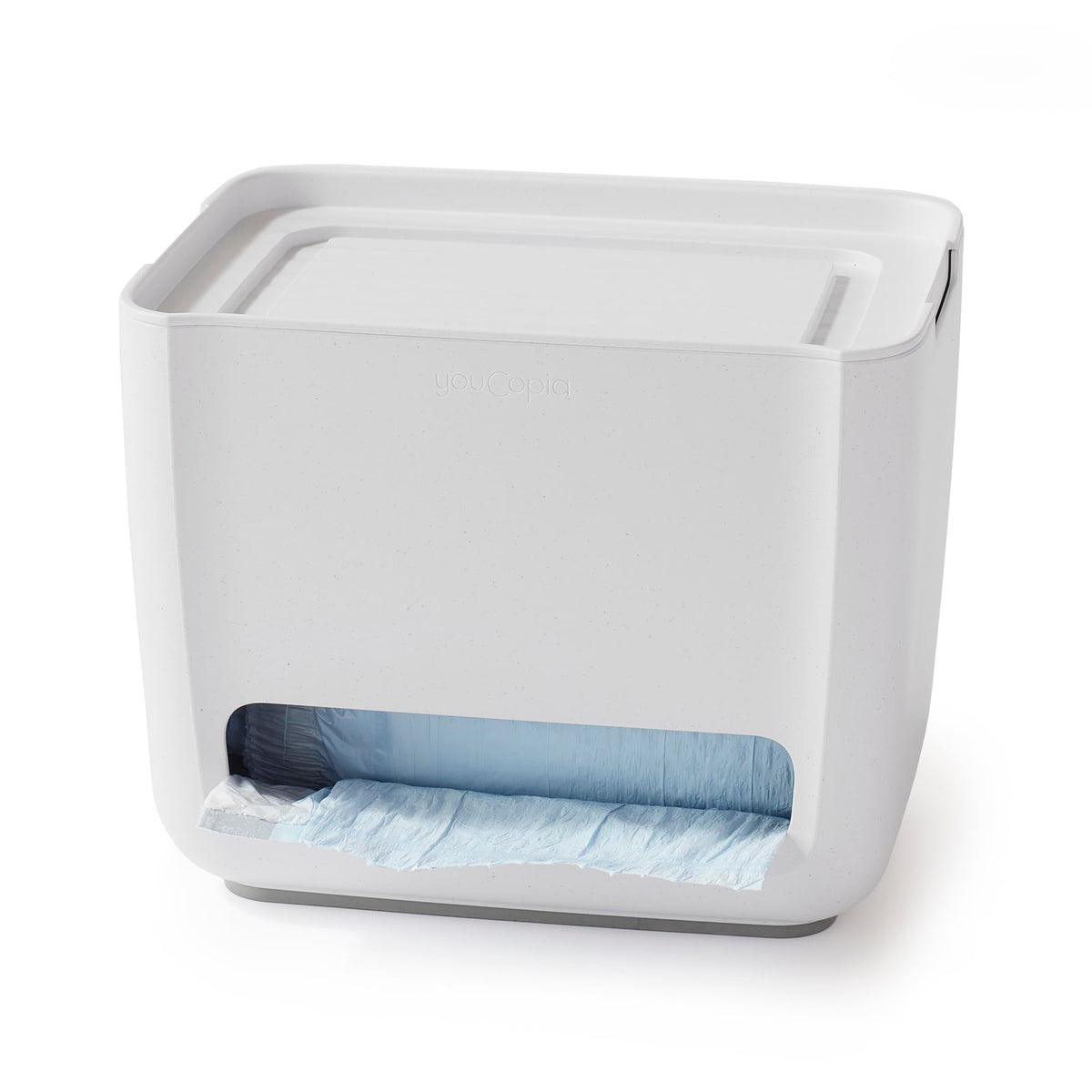 YouCopia SinkSuite Trash Bag Dispenser shows easy pull and organized under-sink storage.