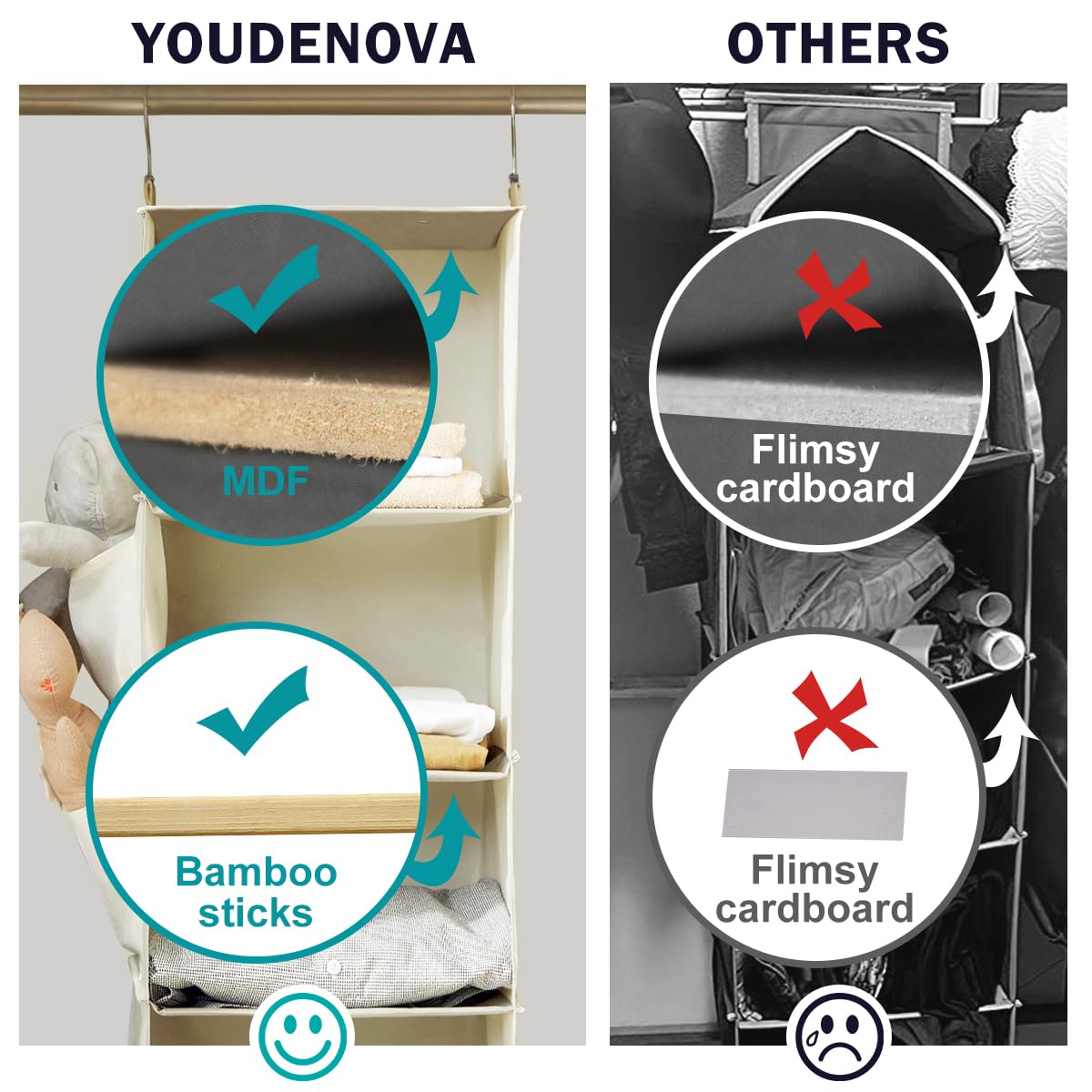 Bamboo inserts at each shelf provide added stability for heavier outfits.