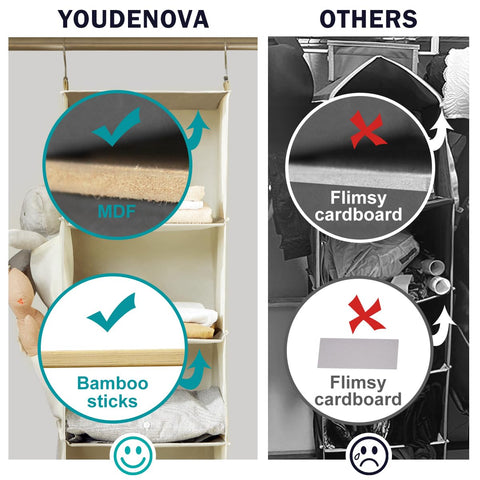 Bamboo inserts at each shelf provide added stability for heavier outfits.